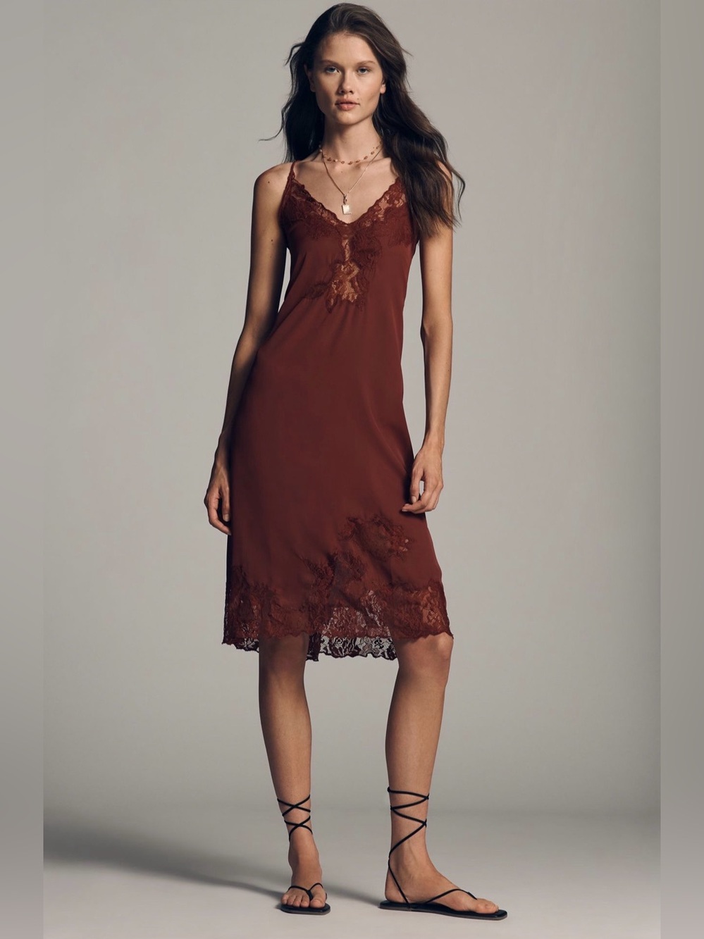Anthropologie LyreBird Silky Lace Midi Slip Dress NWT Large Madder Brown